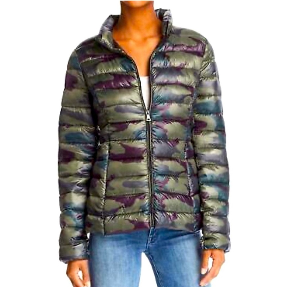 Woman Aqua BLOOMINGDALES Nordstrom Lacquer Puffer Jacket Green Army Camouflag L